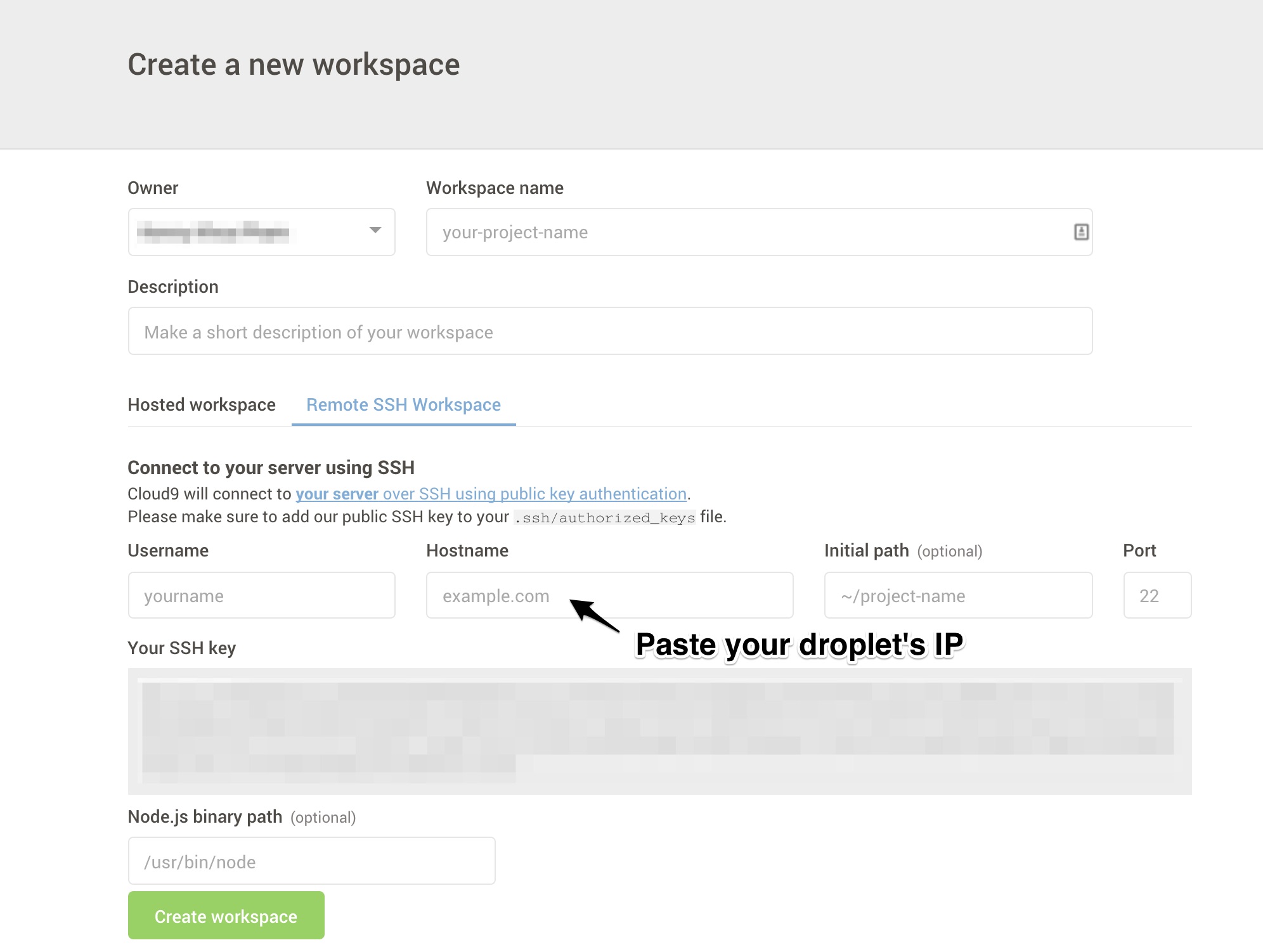 Create an SSH workspace on C9